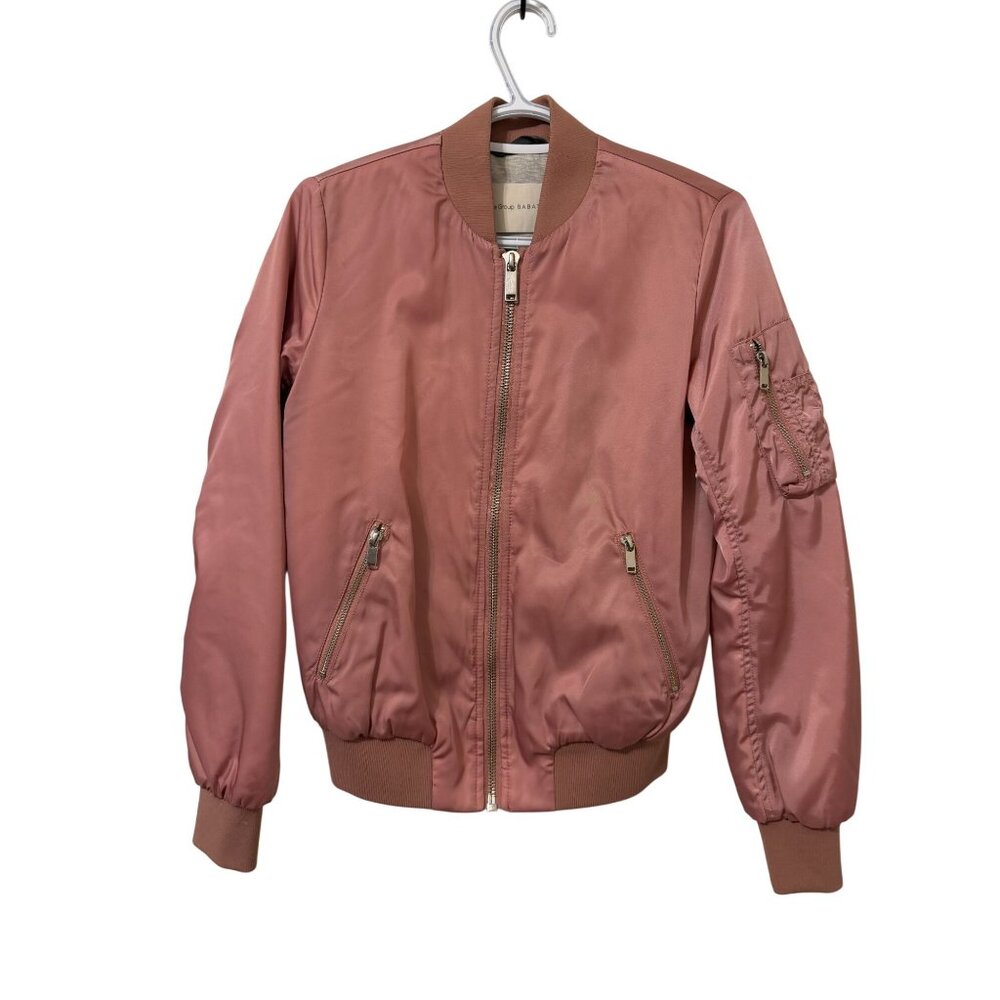 The Group Babaton Pink Satin Bomber Jacket Cuffs & Zipper Pockets Womens Size M